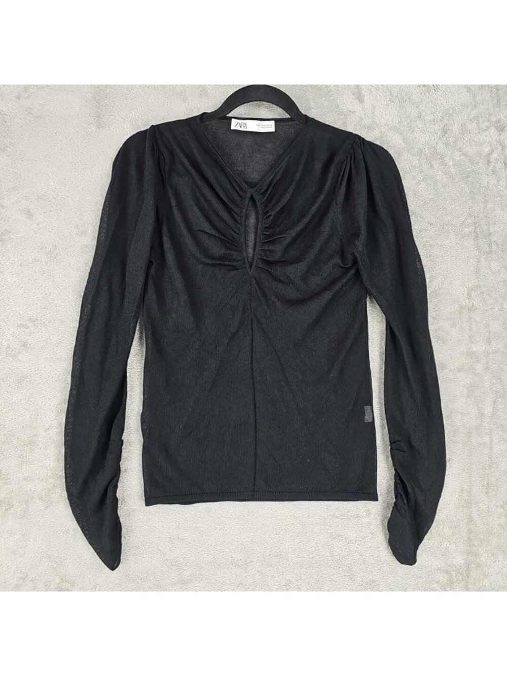 Zara Blouse Womens M Black Mesh V Neck Long Puff Sleeve Keyhole Sheer Stretch